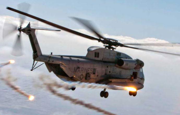 CH-53 dispensing MJU-32A/B and MJU-49/B flares to protect against Infrared Missile.